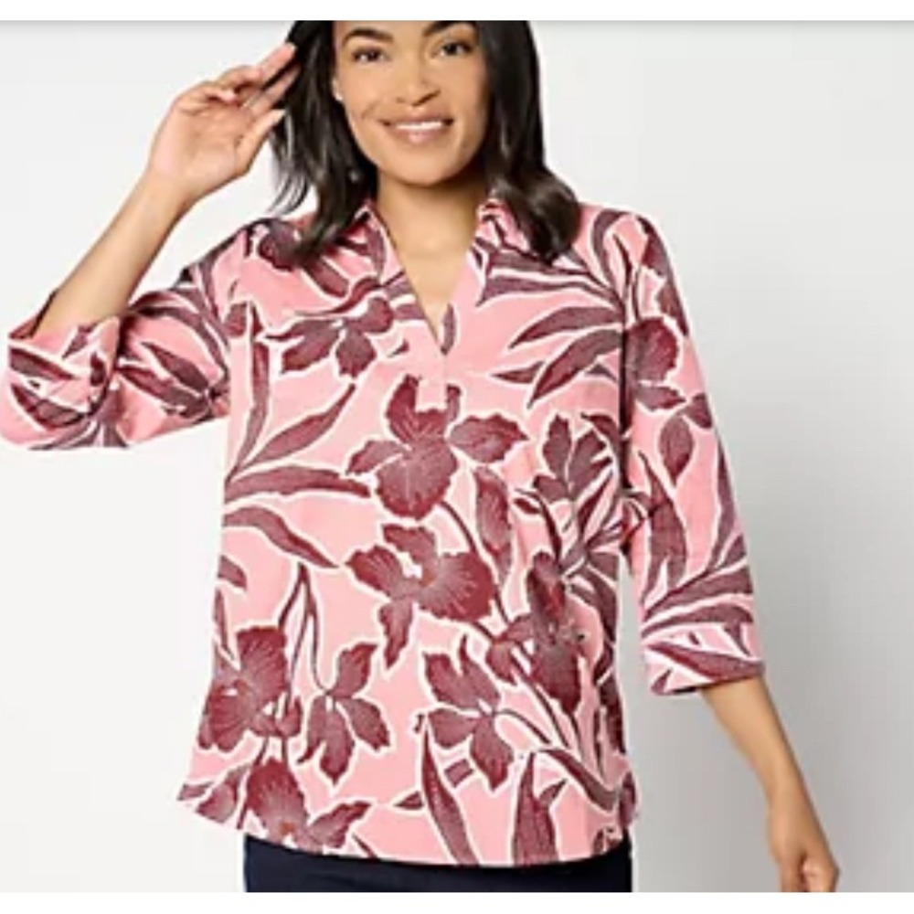 Denim & Co. Adaptive Poplin 3/4-Sleeve Collared Top Leaf Print‎ Coral